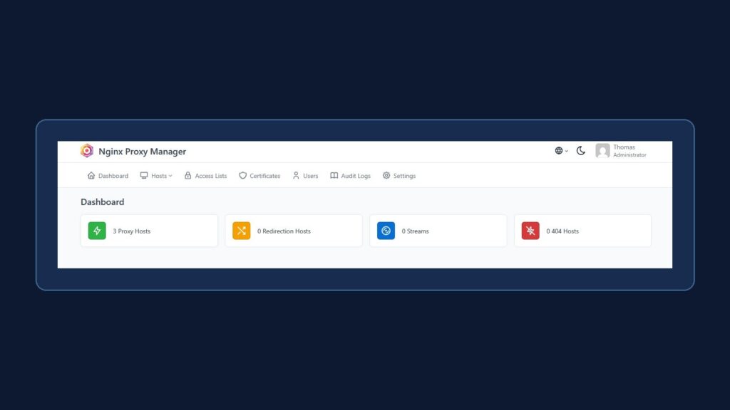 Mein Nginx Proxy Manager Dashboard mit 3 Proxy Hosts