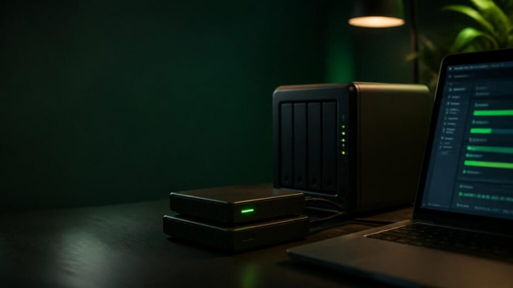 Backup-Festplatten und NAS auf dem Schreibtisch, daneben ein Laptop mit grünem Dashboard