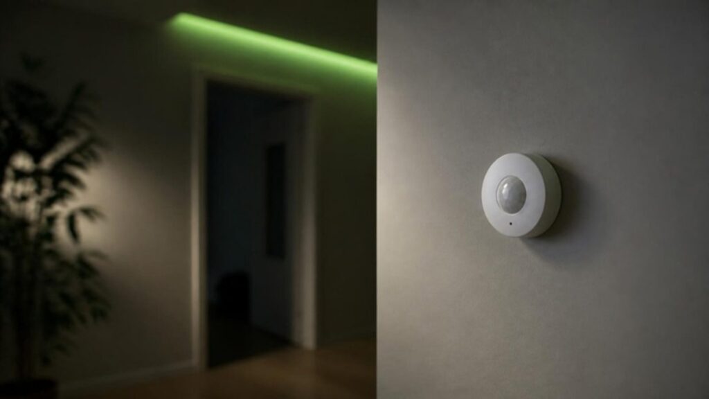 Runder weißer Bewegungsmelder an einer hellen Flurwand, im Hintergrund eine offene Tür und grünes Licht an der Decke