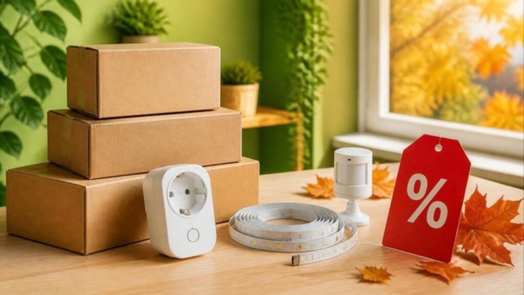 Pakete und Smart-Home-Geräte mit rotem Rabatt-Schild