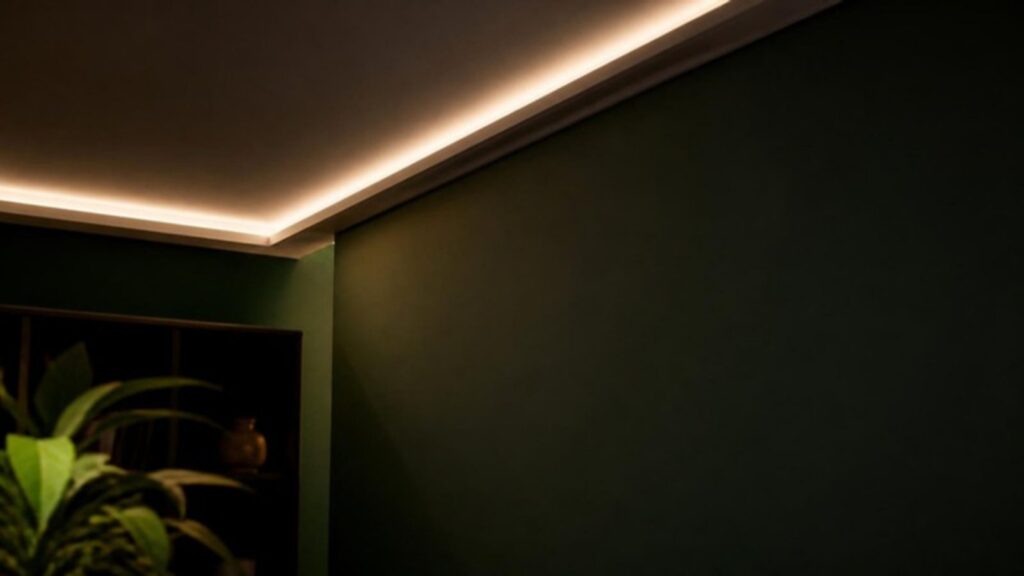 Gedimmter warmweißer LED-Streifen als gleichmäßige Lichtlinie in einer Deckenvoute über einer dunkelgrünen Wand
