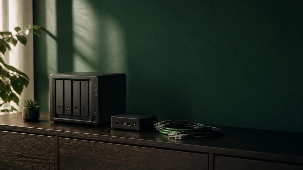 NAS und Mini-PC auf einem Sideboard vor dunkelgrüner Wand