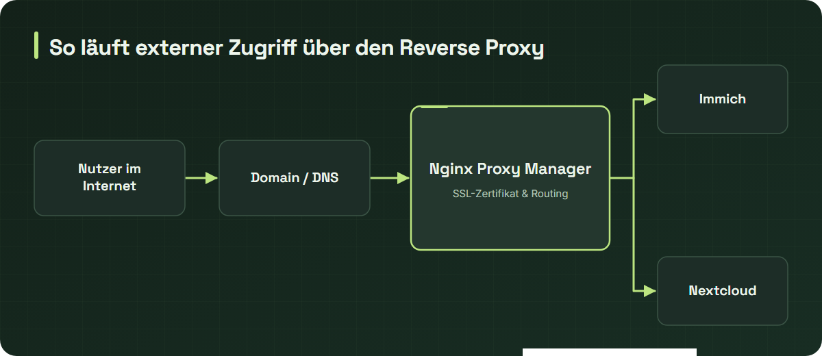 Schaubild: Traffic-Fluss vom Nutzer über Domain und Nginx Proxy Manager zu Immich und Nextcloud