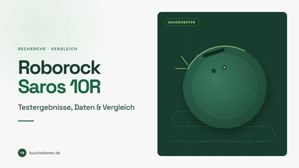 Titelgrafik: stilisierter runder Saugroboter in Draufsicht auf dunkelgrüner Karte, daneben der Schriftzug Roborock Saros 10R – Testergebnisse, Daten & Vergleich