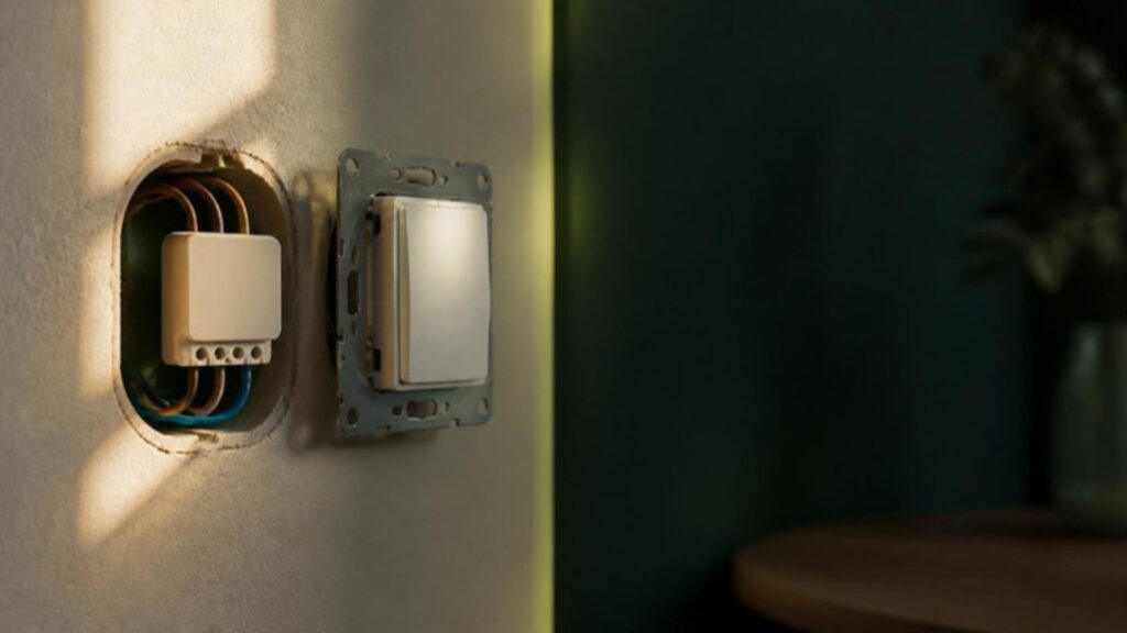 Geöffnete Schalterdose mit eingebautem Unterputz-Relais und Kabeln, daneben der ausgebaute Lichtschalter, im Abendlicht